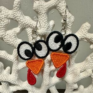 Embroidered Freestanding Lace Turkey eyes. Adorable Lightweight Turkey Earrings